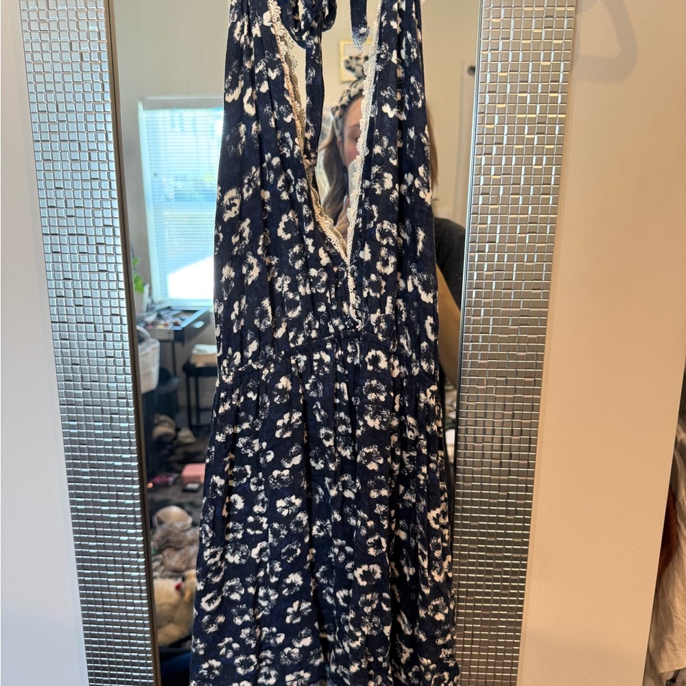 Navy and White Floral Halter Romper